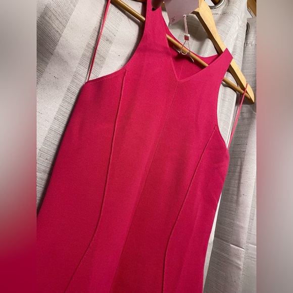 NWT Caroline Constas Knit Pink V Neck Tank Dress Midi Heavy Sheath Slit Barbie - Picture 3 of 6